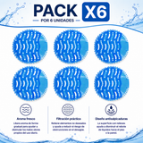 Pack x6 pantallas desodorantes y filtros antisalpicaduras para orinal azul de 17 x 17 cm