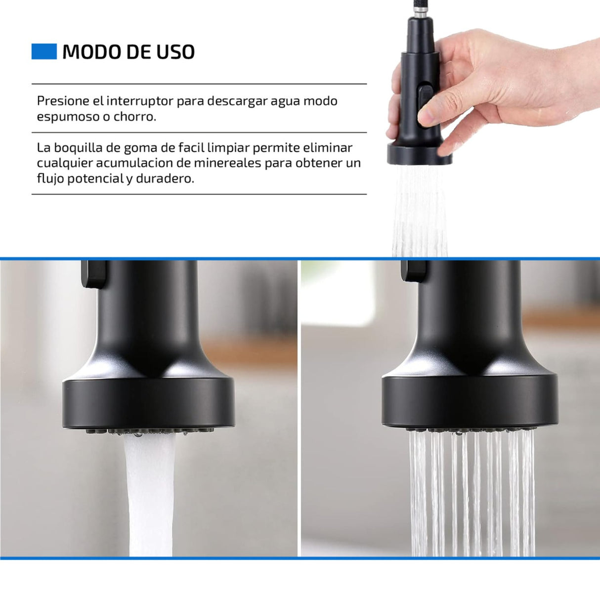 Llave Lavaplatos Monocontrol Extensible Negro Para Cocina Acabado Mate
