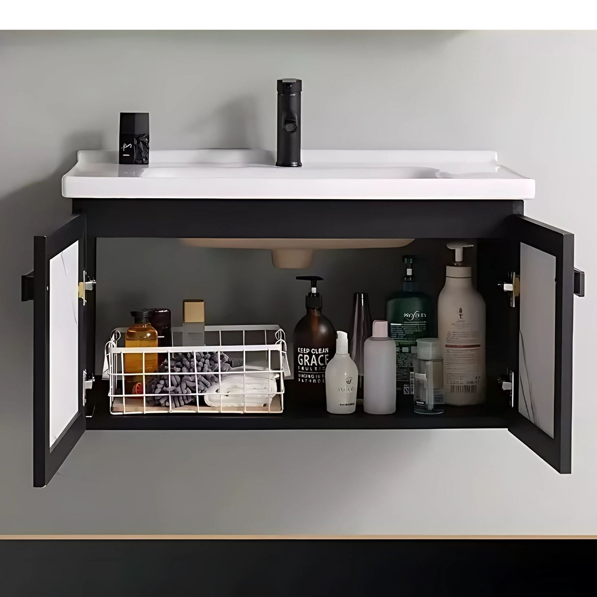 Set Lavamanos Espejo PVC Resistente Humedad - Mueble 2 Puertas Gris Mármol