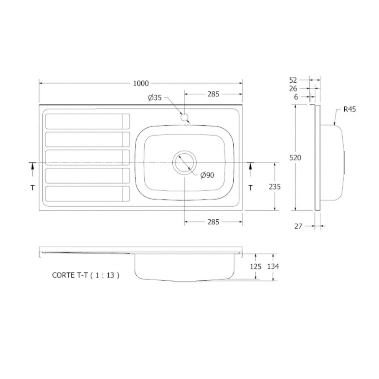 Lavaplatos Mesón en Acero Inoxidable - 1 x 0.52 mt Derecha