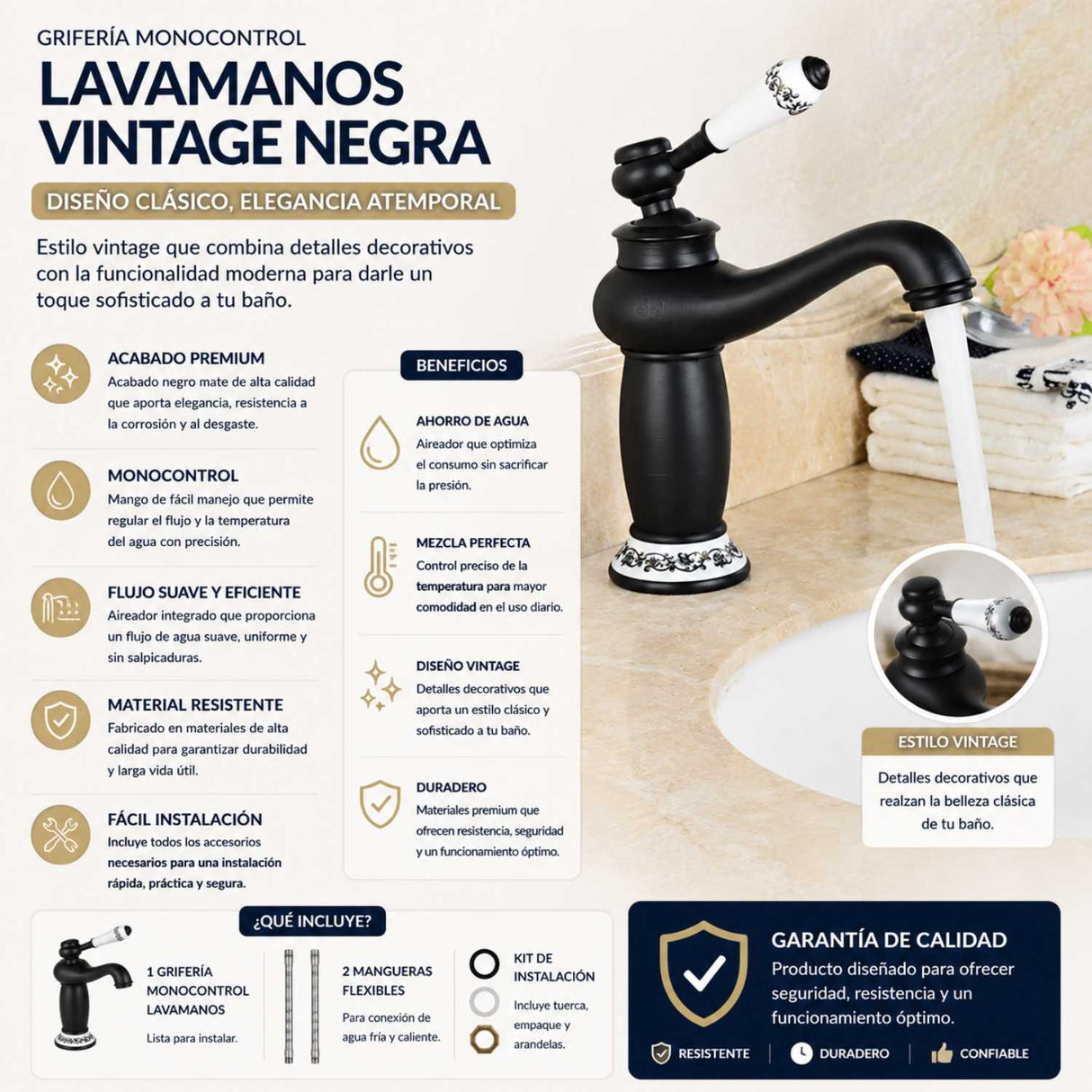 Grifería Lavamanos Bajo Negro Blanco Monocontrol Vintage para Baño