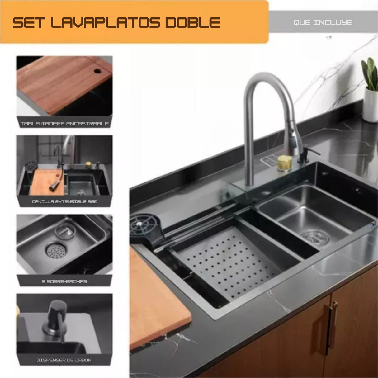 Lavaplatos Doble Negro - 75x46 cm en Acero Inoxidable 304