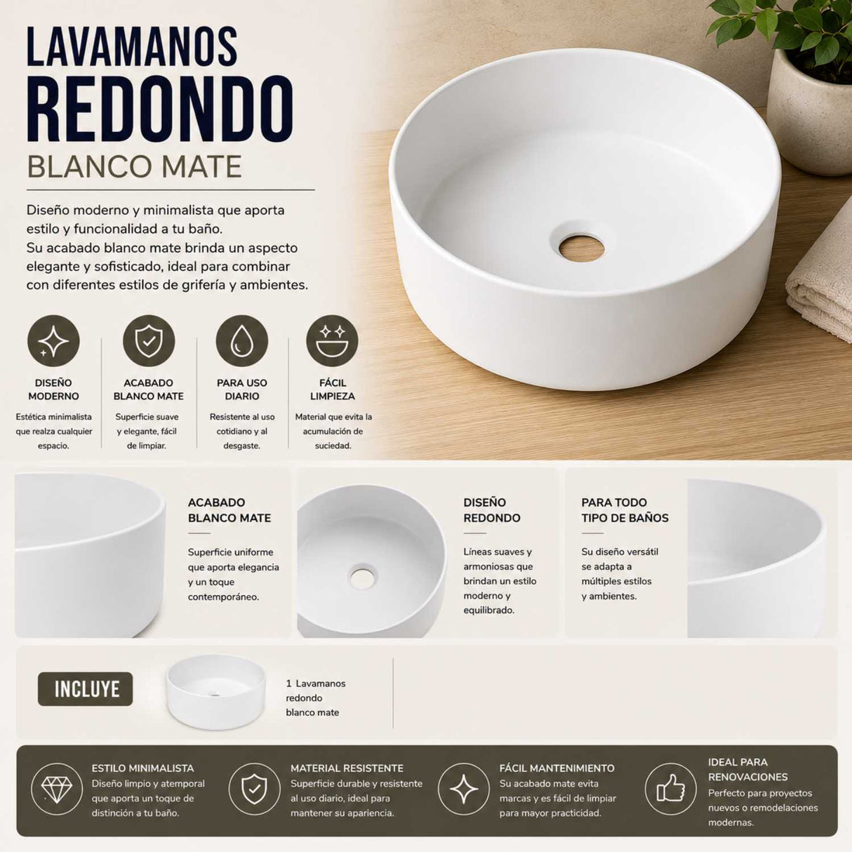 Lavamanos Sobreponer Olimpus Blanco Mate 36 x 36 x 12 cm | Diseño Redondo Moderno