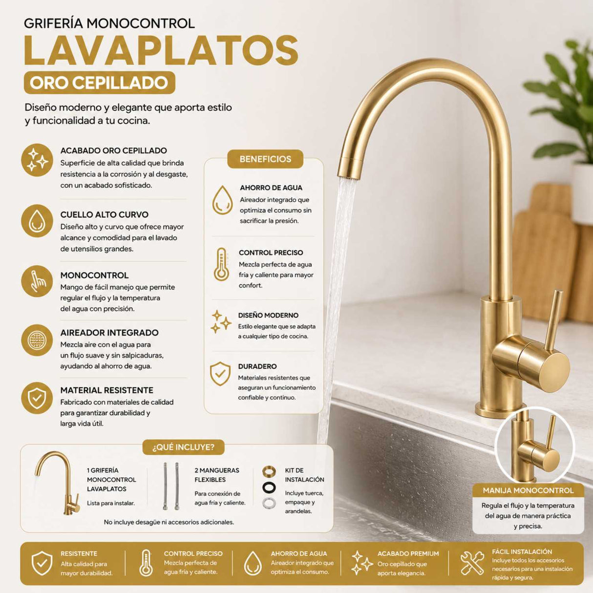 Grifería Lavaplatos Cuello Cisne Oro Cepillado Monocontrol 32 cm Alta para Cocina