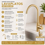 Grifería Lavaplatos Cuello Cisne Oro Cepillado Monocontrol 32 cm Alta para Cocina