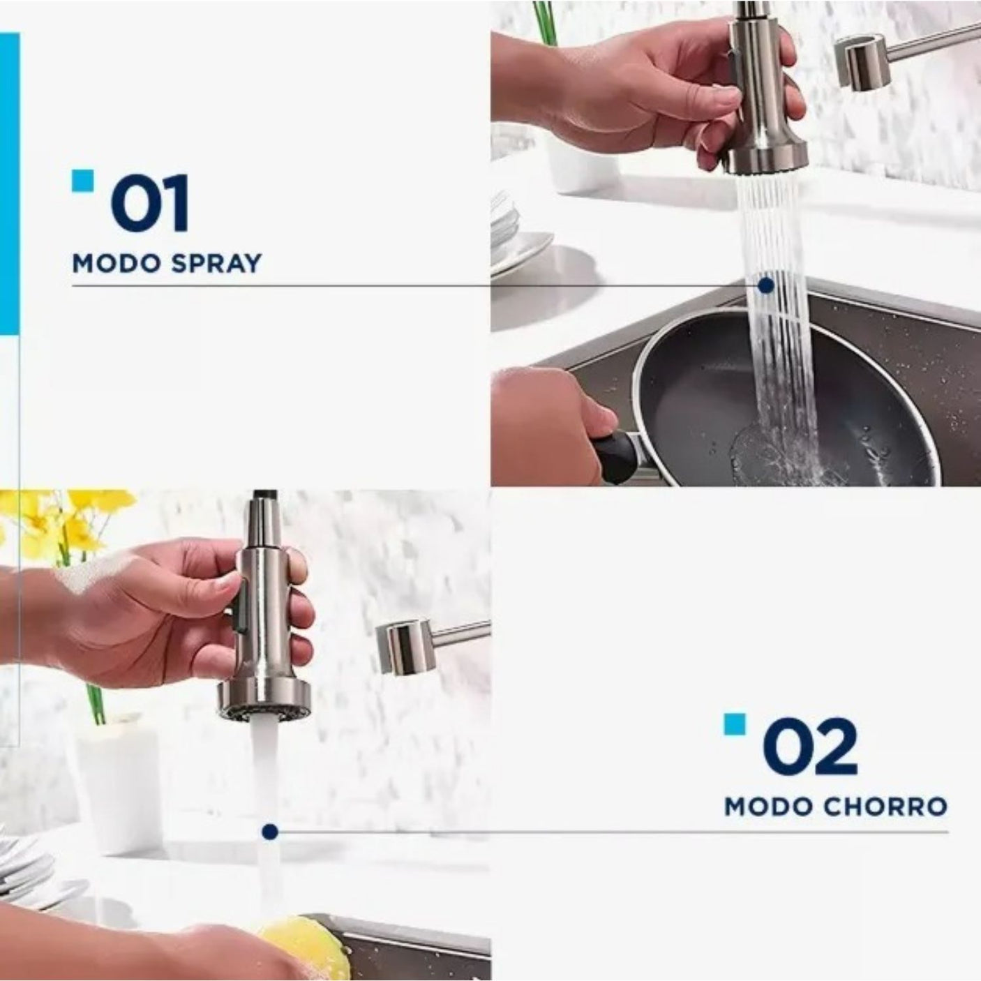 Grifería Lavaplatos Extraíble Flexible En Níquel Cepillado Con Doble Función Y Giro 360°