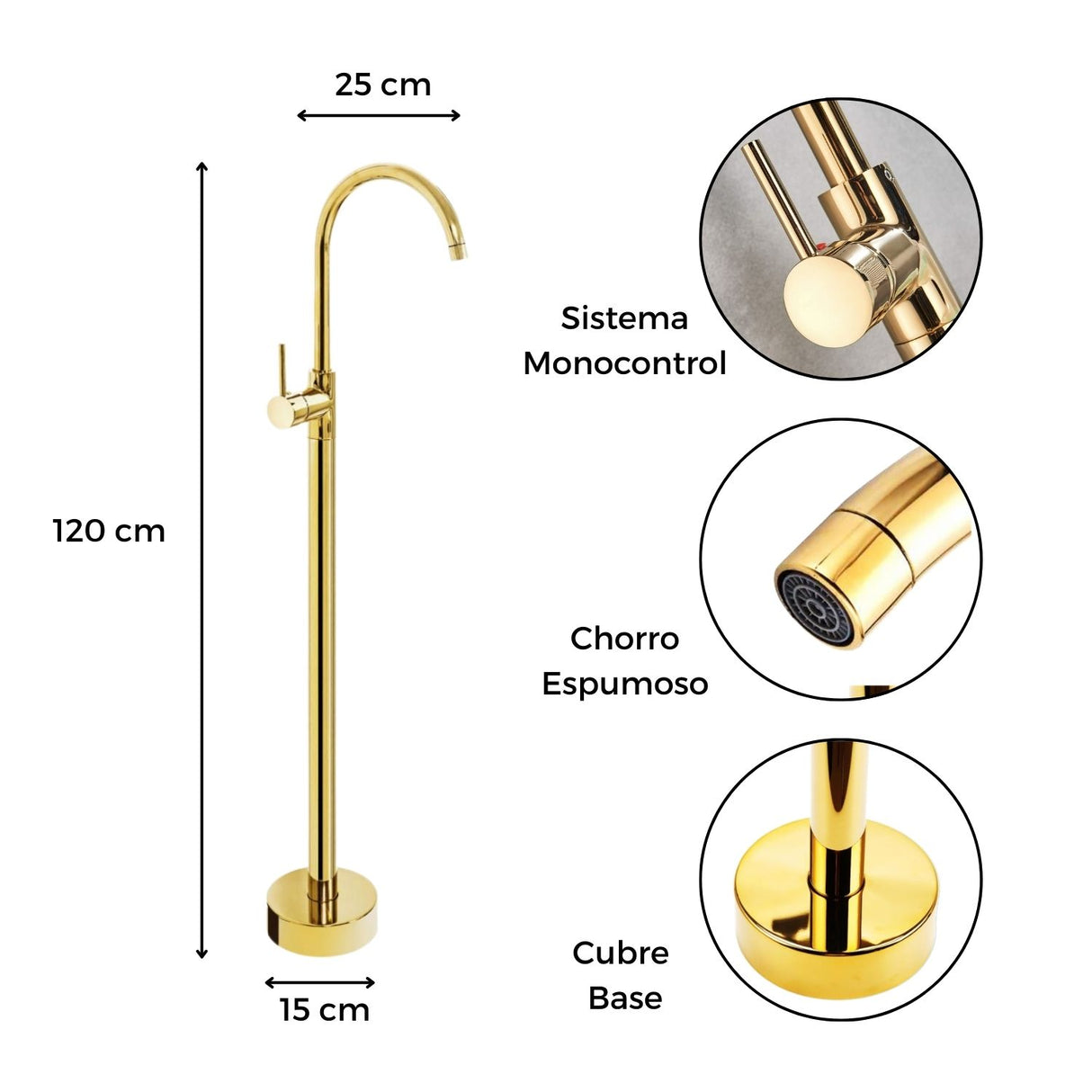 Grifería Monocontrol - Bañera o Lavamanos Alto - Acabado Dorado Brillante