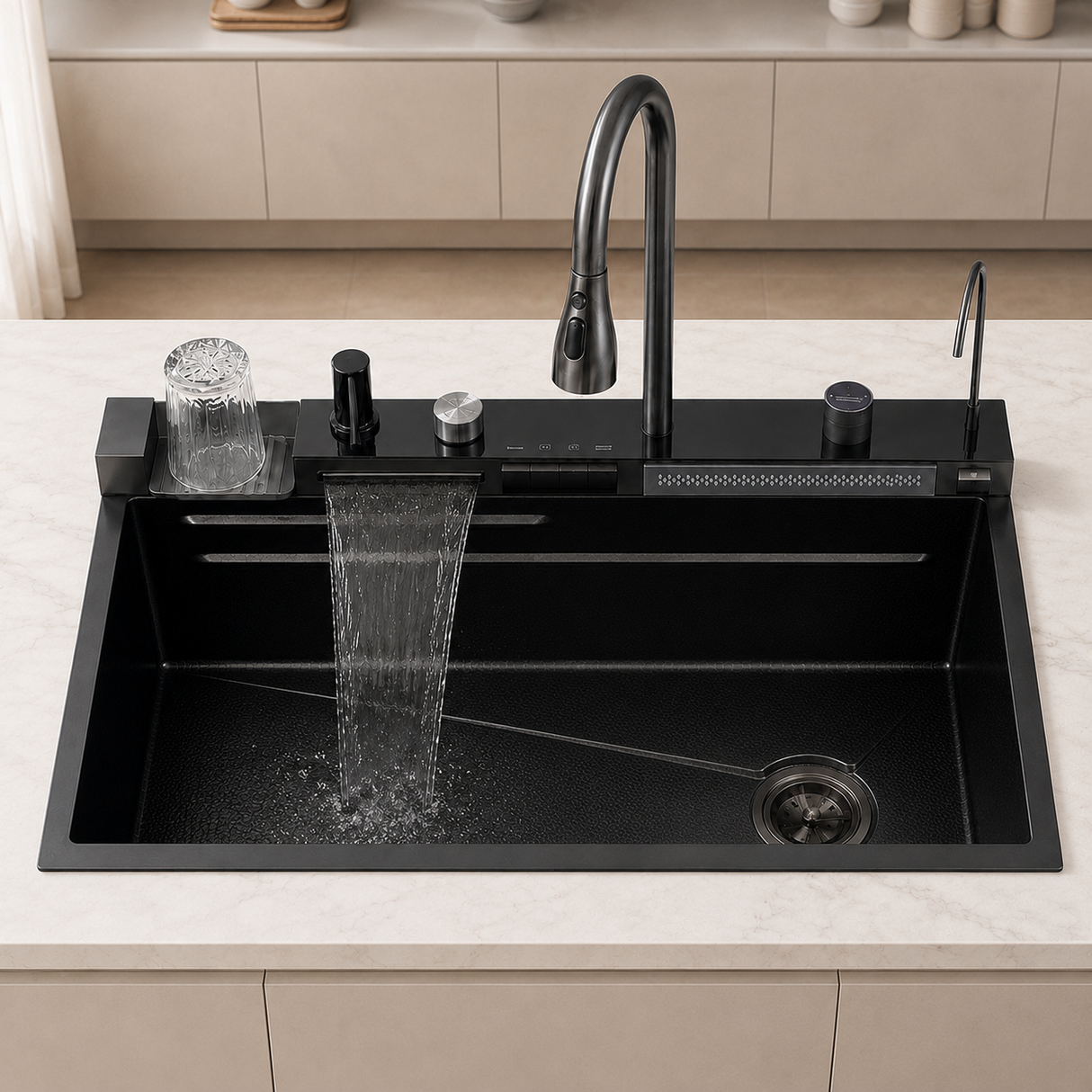 Lavaplatos inteligente Pamo negro 75 × 46 cm en acero inoxidable 304 con grifería multifunción y accesorios móviles