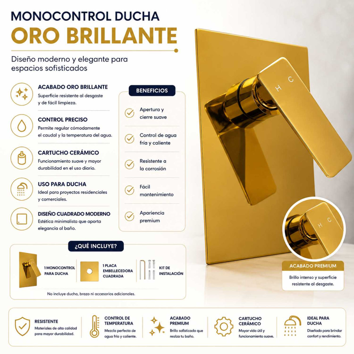 Mezclador Monocontrol Ducha Empotrado Oro Brillante 18x12 cm con Manija 11 cm