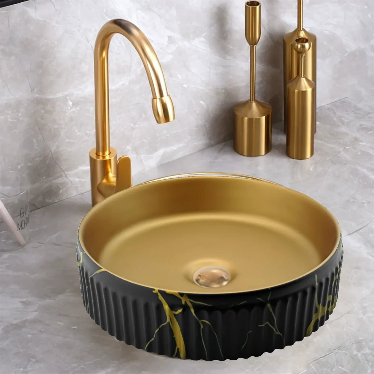 Lavamanos Redondo Dorado Negro Mármol Cerámica Lujo