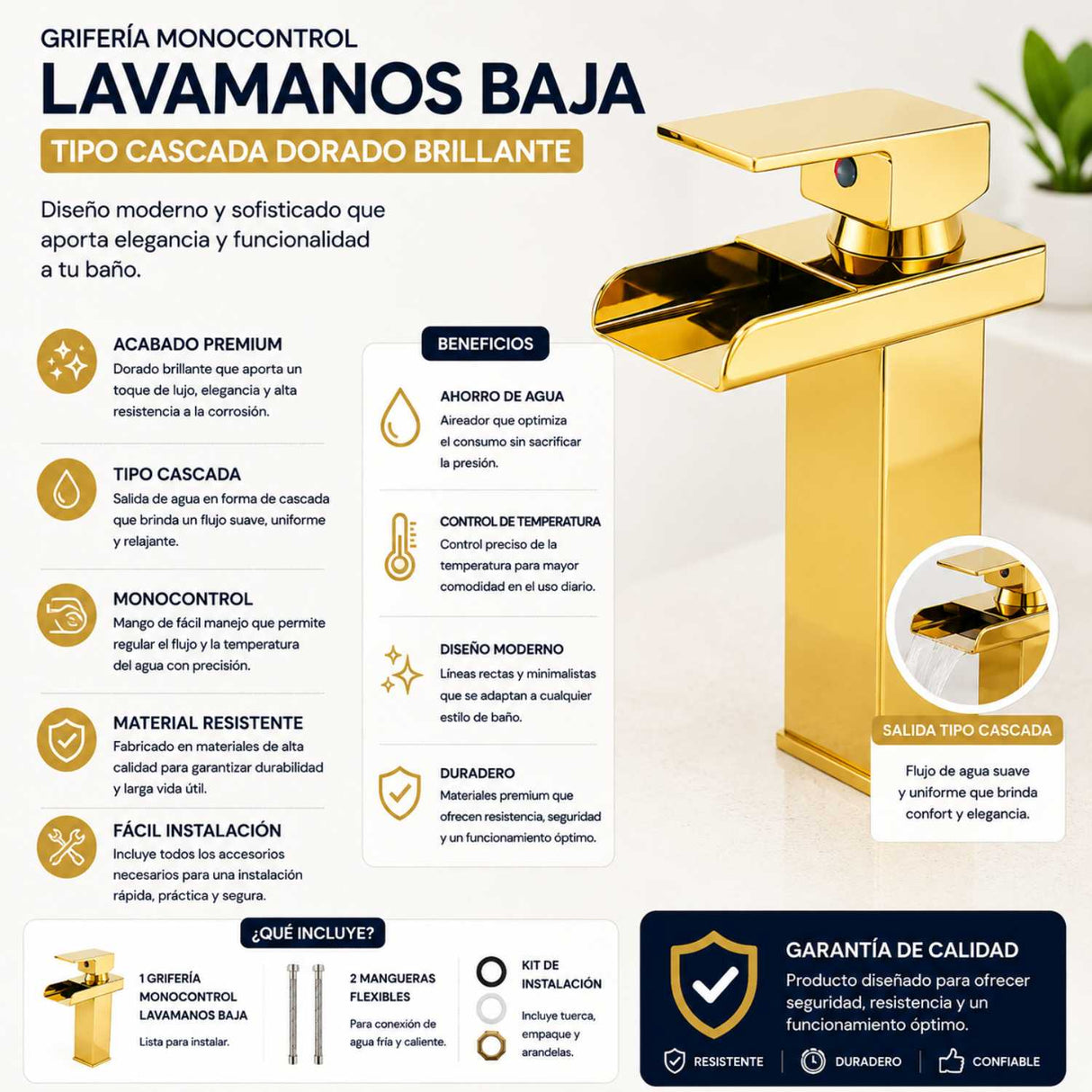 Grifería Lavamanos Baja Cascada Oro Brillante Monocontrol 16 cm con Mezclador Agua Fría y Calient