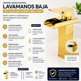 Grifería Lavamanos Baja Cascada Oro Brillante Monocontrol 16 cm con Mezclador Agua Fría y Calient