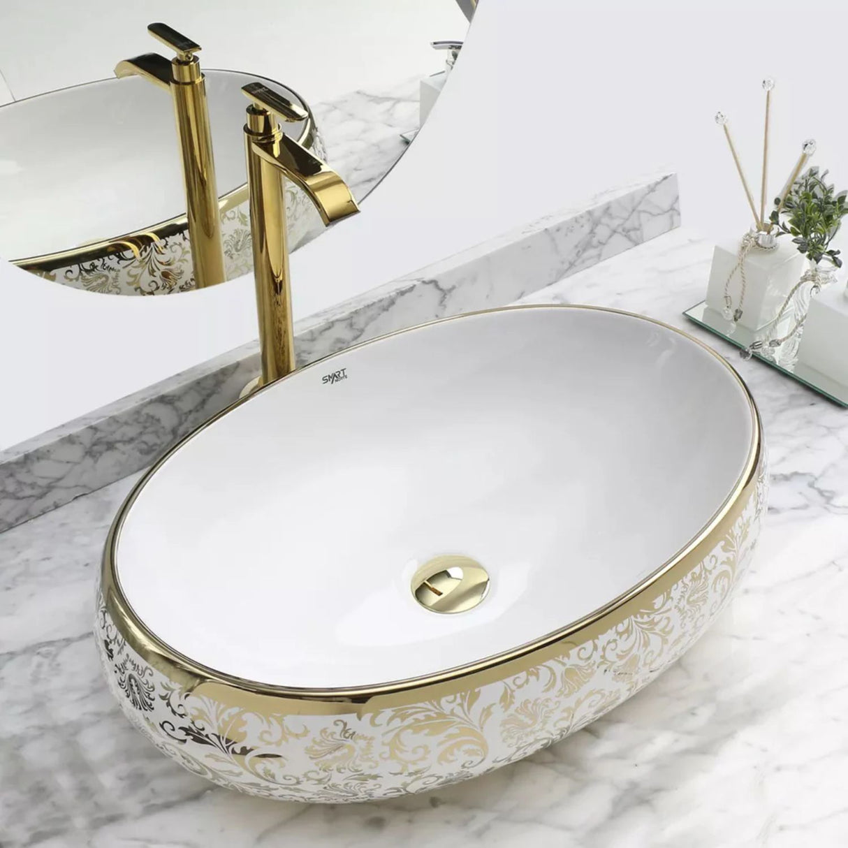 Lavamanos Sobreponer Tipo Vessel Blanco Dorado Ovalado 42X30X15