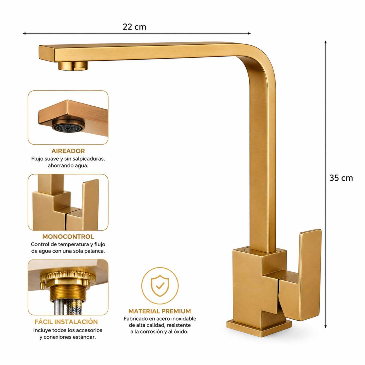 Grifería Monocontrol Lavaplatos Cuello L Cuadrado Oro Cepillado 35 cm Acero Inoxidable