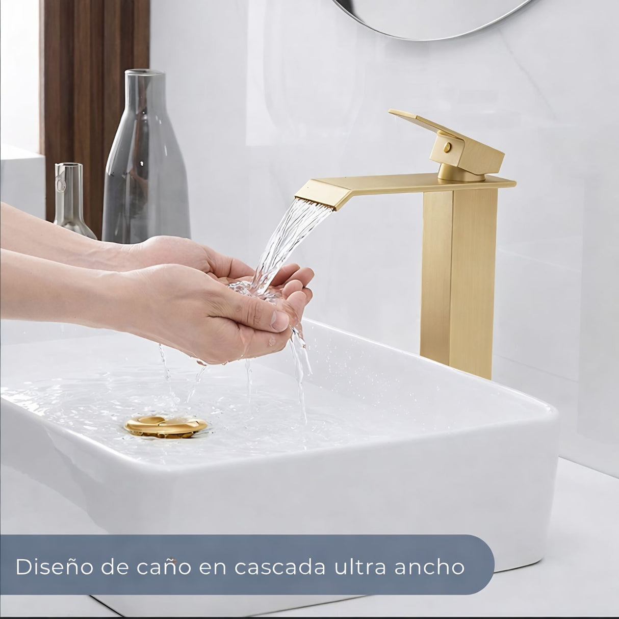 Grifería Lavamanos Alta Cascada Oro Cepillado 28 cm de alto