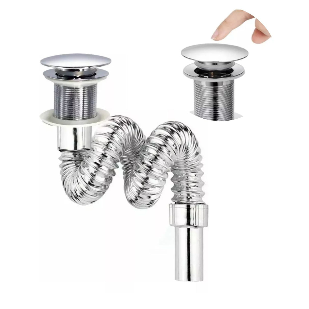 Kit Grifería Lavamanos Poste Alto Agua Fría + Sifón Desagüe Push Flexible Corrugado - Acero Inoxidable y Cromado