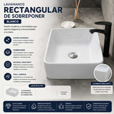 Lavamanos Sobreponer Rectangular Cerámico Blanco 48 x 37 cm para Baño Moderno