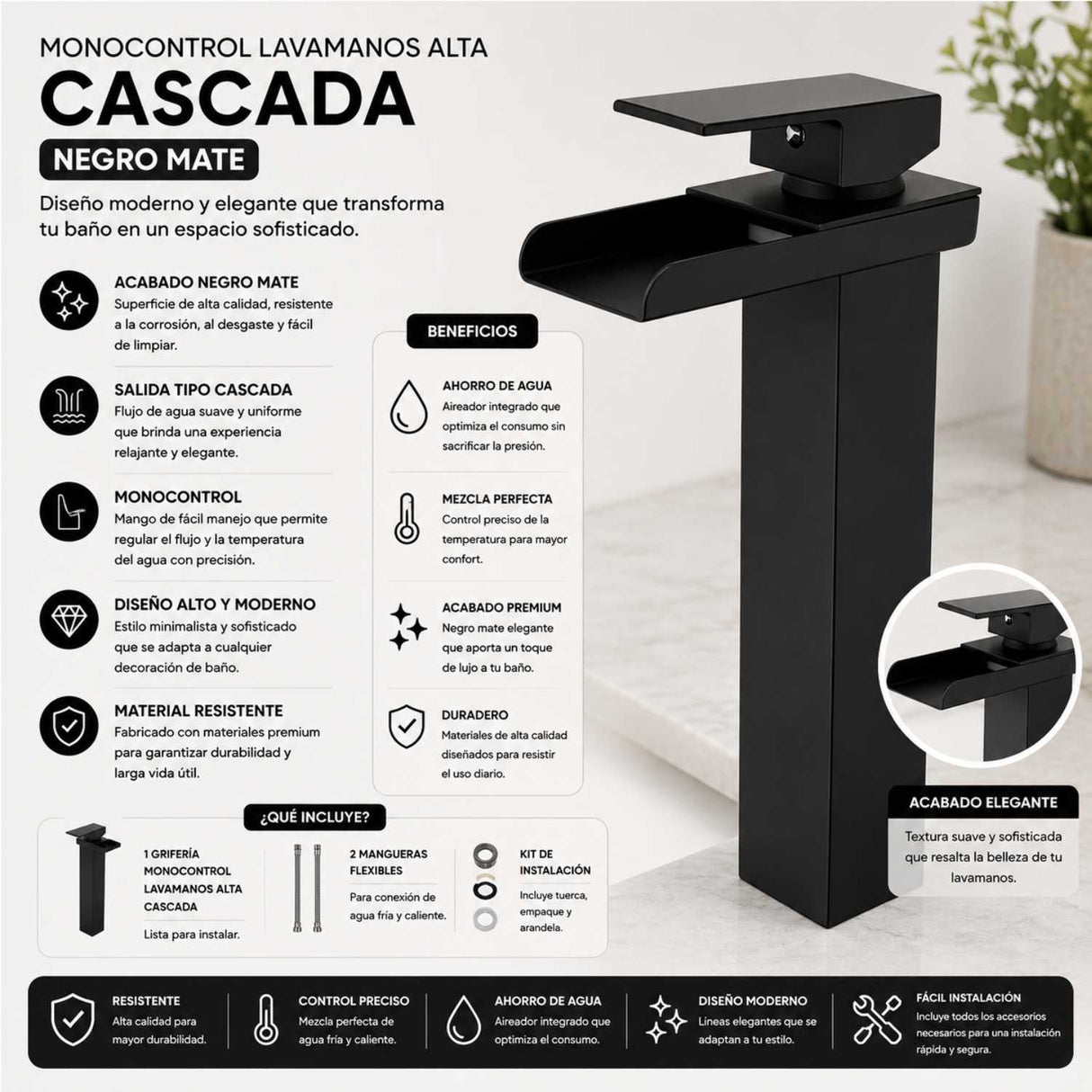 Grifería Monocontrol Alta Cascada Negra Mate 29 cm para Lavamanos Sobreponer
