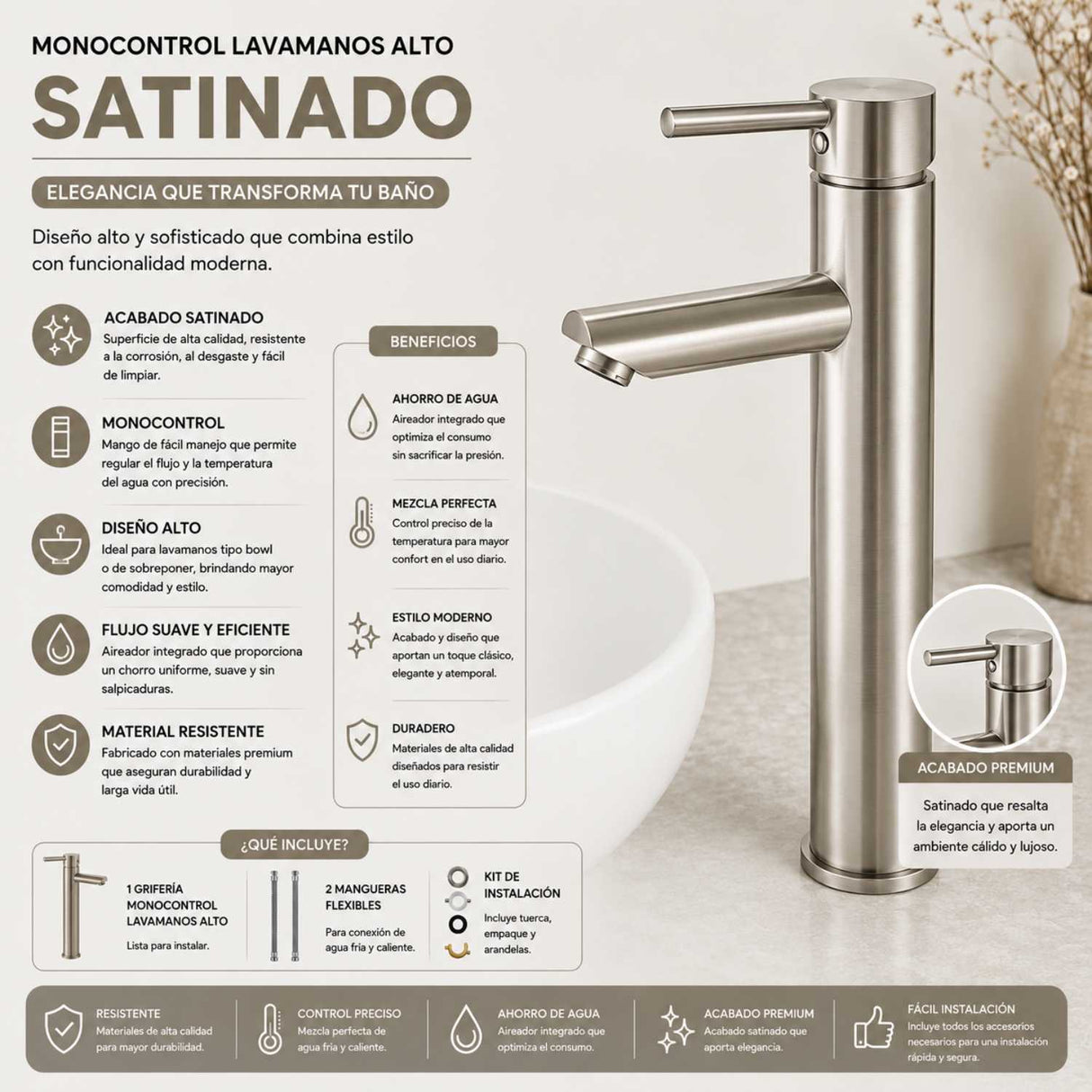 Grifería Lavamanos Alto Cuello Recto Satinado 30 cm Monocontrol para Lavamanos Vessel