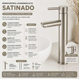 Grifería Lavamanos Alto Cuello Recto Satinado 30 cm Monocontrol para Lavamanos Vessel