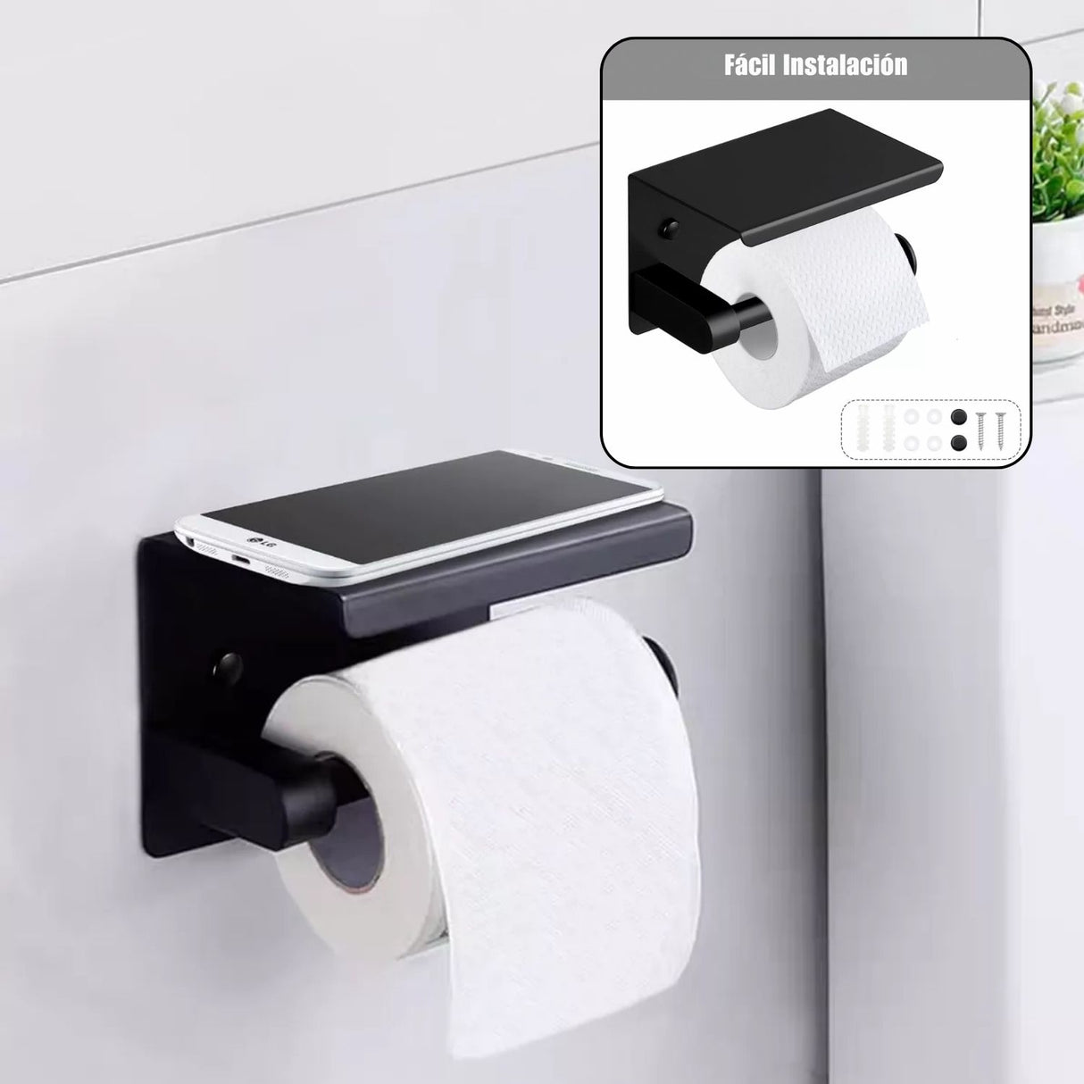 Porta Rollo con Soporte para Celular - Negro Mate en Acero Inoxidable SUS 304