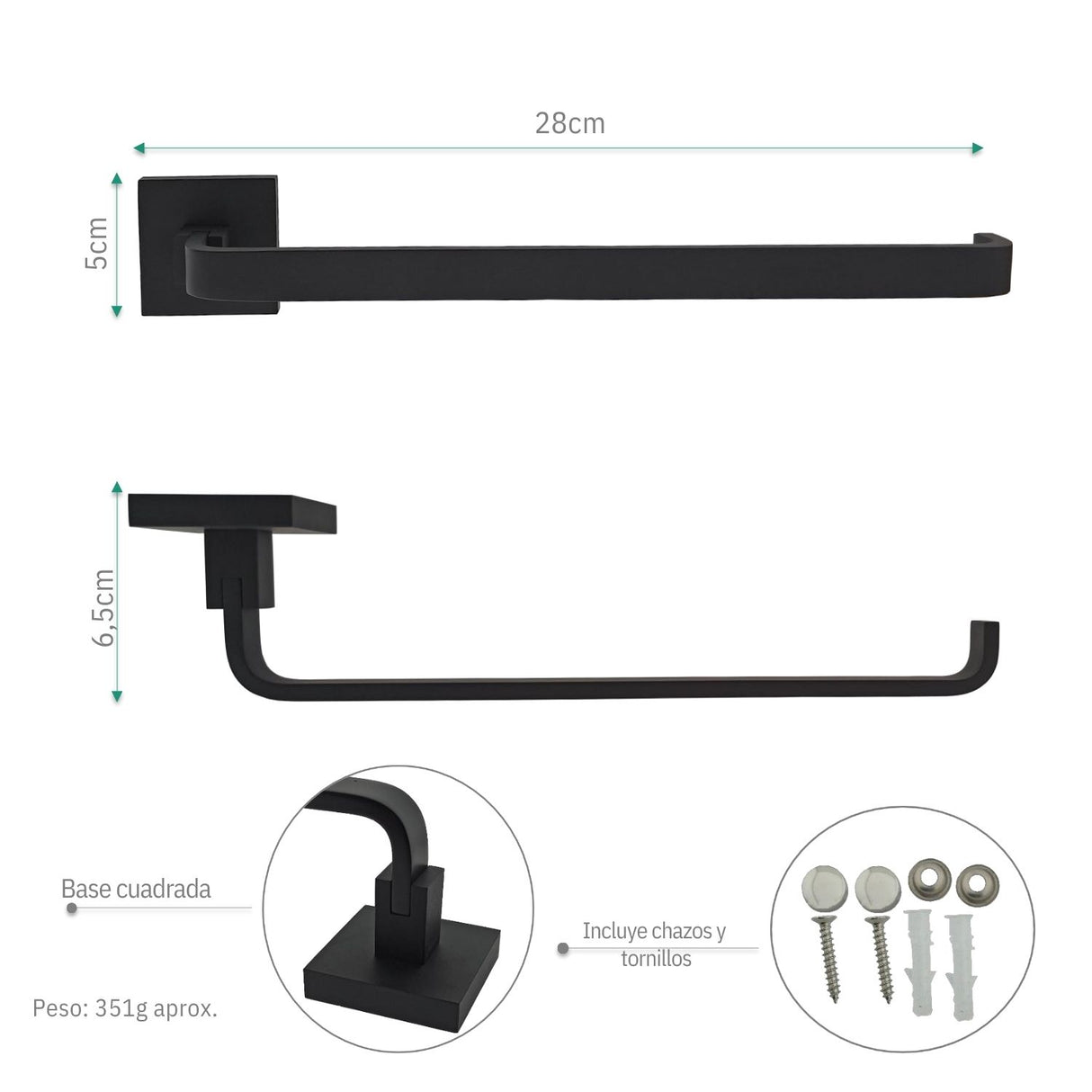 Toallero Base Cuadrada Negro 28 cm de Alta Calidad