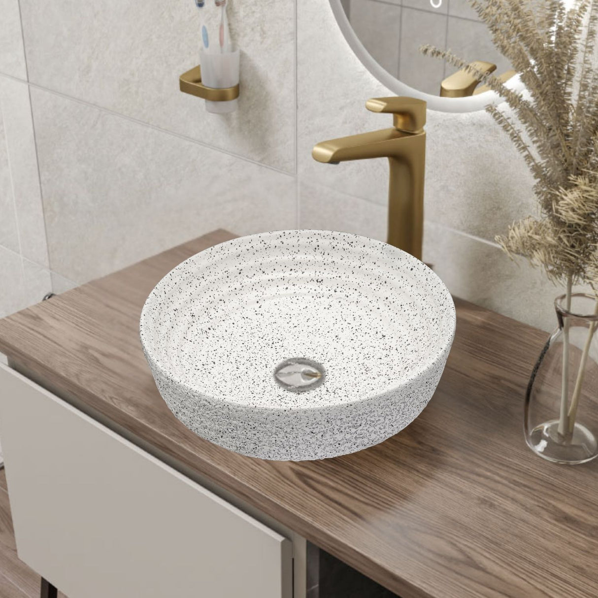 Lavamanos Draco Redondo en Granito Blanco para Sobreponer 42 cm