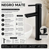 Grifería Lavamanos Alto Cuello Recto Negro Mate 29 cm Monocontrol para Lavamanos Vessel