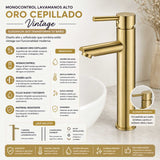 Grifería Lavamanos Alta Monocontrol Oro Cepillado 29 cm Alto Cuello Recto