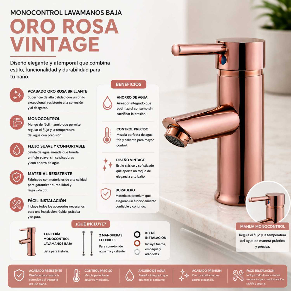 Grifería Lavamanos Bajo Monocontrol Oro Rosa 15 cm Alta con Alcance de 8 cm