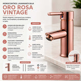 Grifería Lavamanos Bajo Monocontrol Oro Rosa 15 cm Alta con Alcance de 8 cm