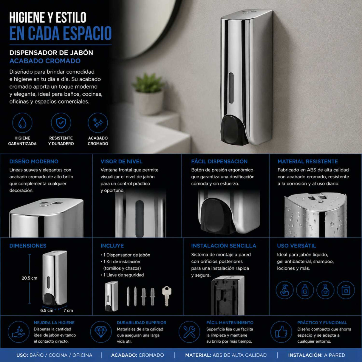 Dispensador de Jabón Cromado 300 ml | Dosificador Elegante para Baño y Cocina