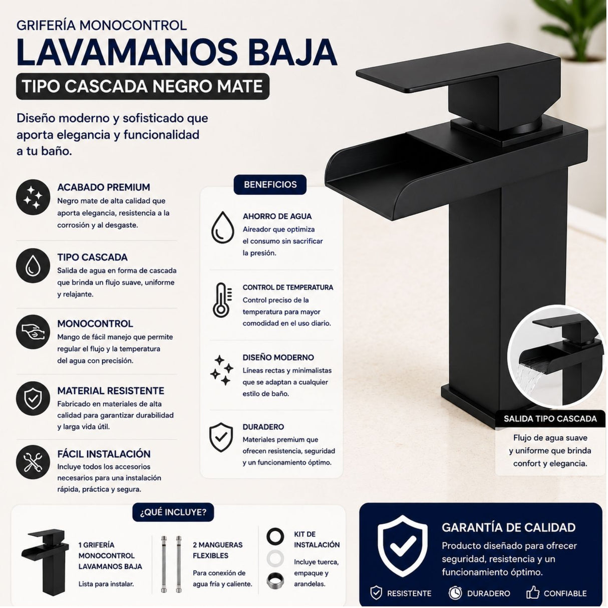Grifería Lavamanos Bajo Cascada Negro Mate Monocontrol 20 cm con Acoples de Instalación