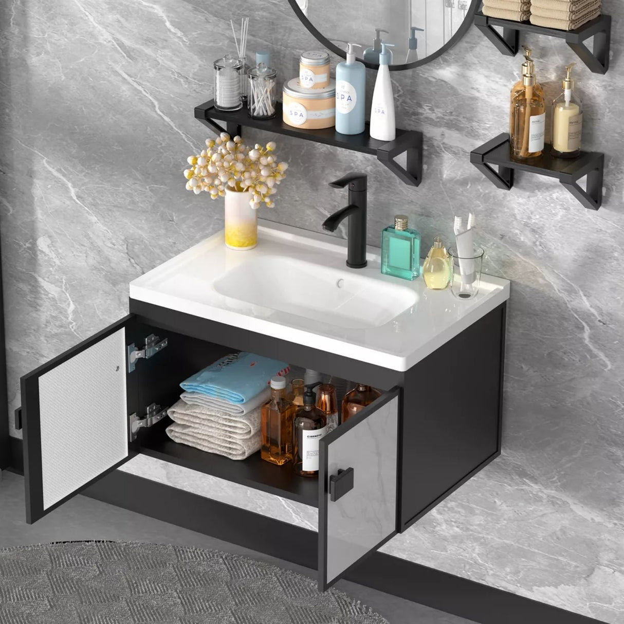 Set Lavamanos + Espejo PVC Negro/Blanco - Mueble 2 Puertas Moderno