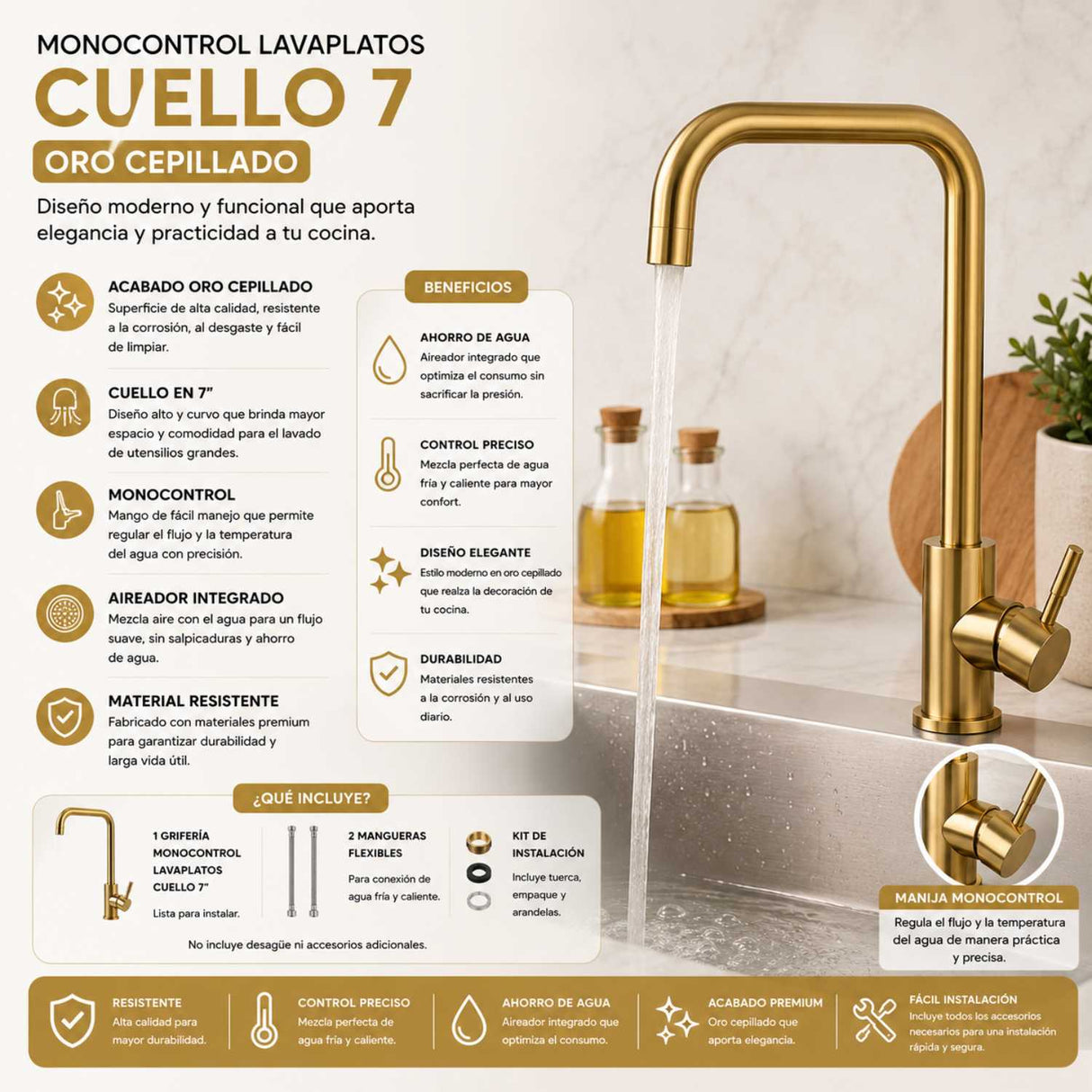 Grifo Monocontrol Para Cocina Dorado Cepillado 30 cm de alto