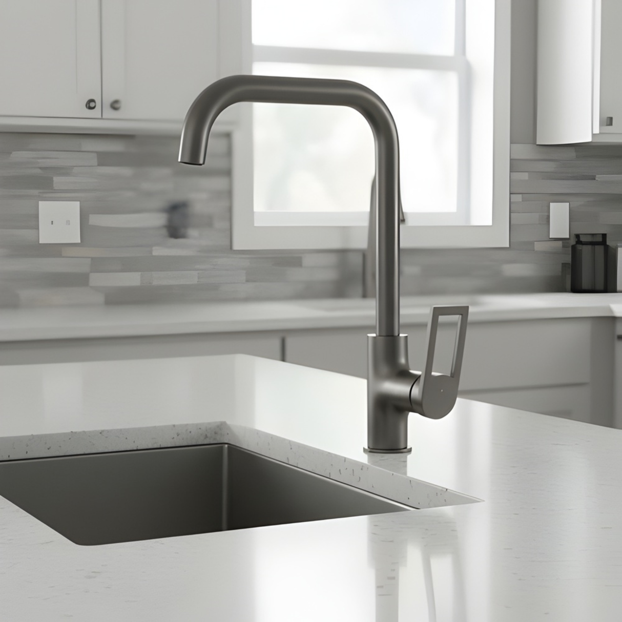 Grifería Monomando Spacco Alto Gris Concreto Cuello Acero In