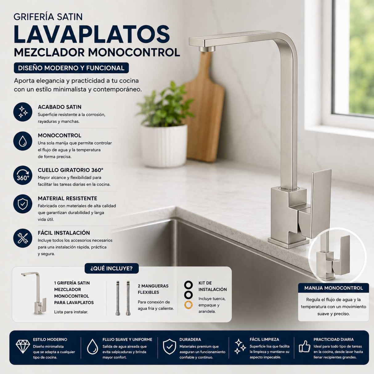 Grifería Lavaplatos Cuello en L Cuadrado Satín Monocontrol 34 cm Alto x 23 cm Alcance