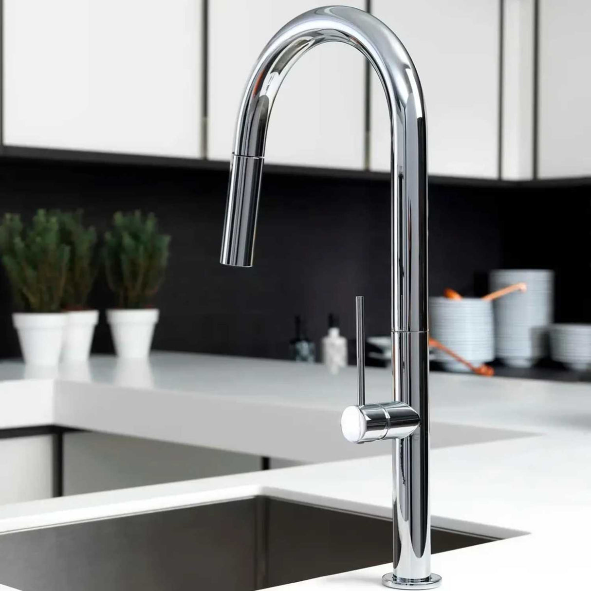 Grifería Lavaplatos Extraíble Cromada 37 cm | Monocontrol Cuello Alto Giro 360°