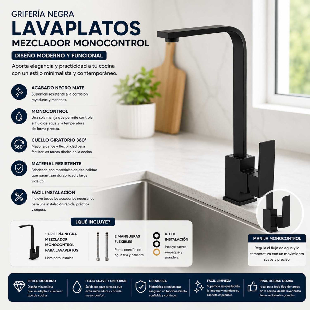 Grifería Lavaplatos Negra Mate Cuello L Cuadrado Monocontrol 34 cm para Cocina Moderna