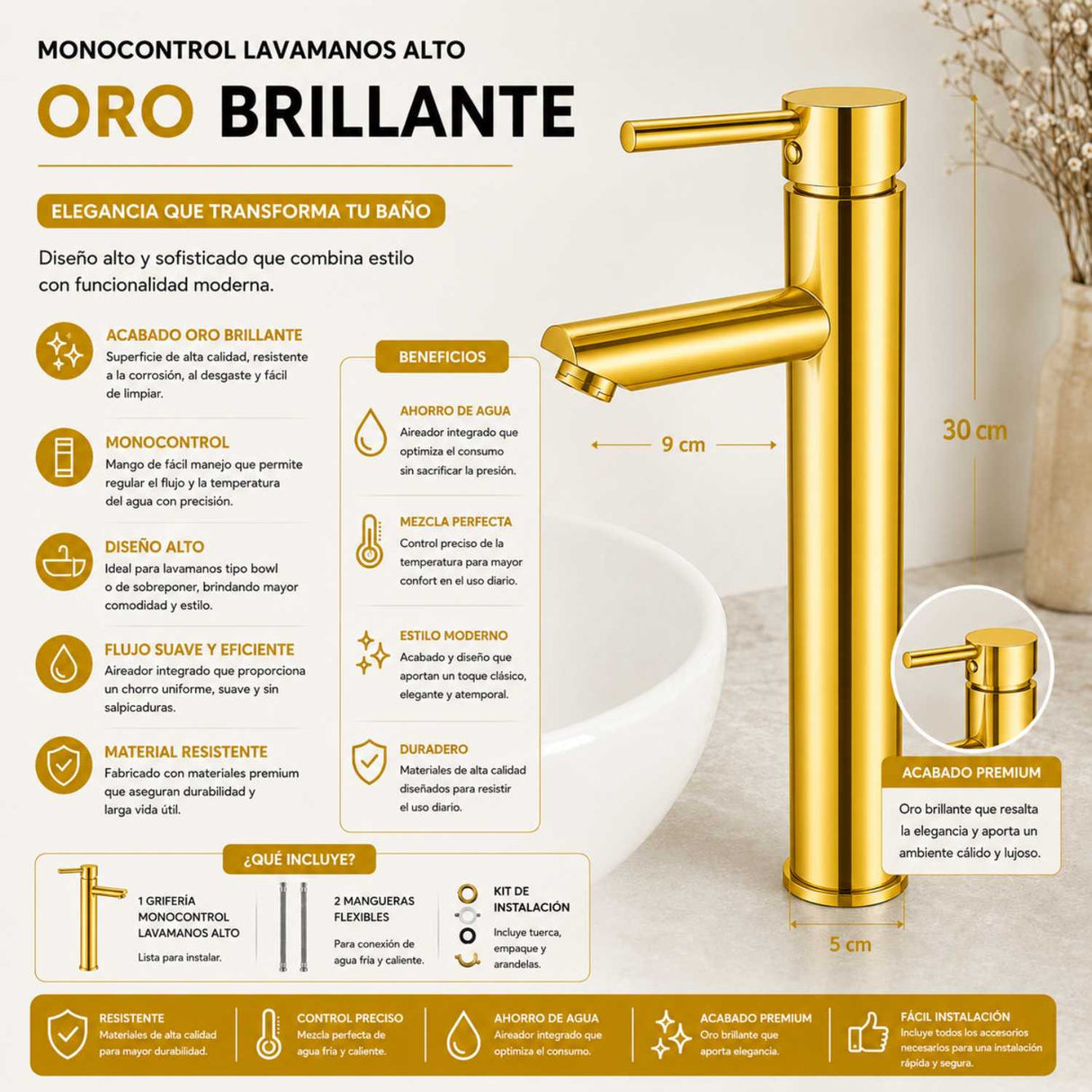 Grifería Lavamanos Alto Cuello Recto Oro Brillante 30 cm Monocontrol para Lavamanos Vessel