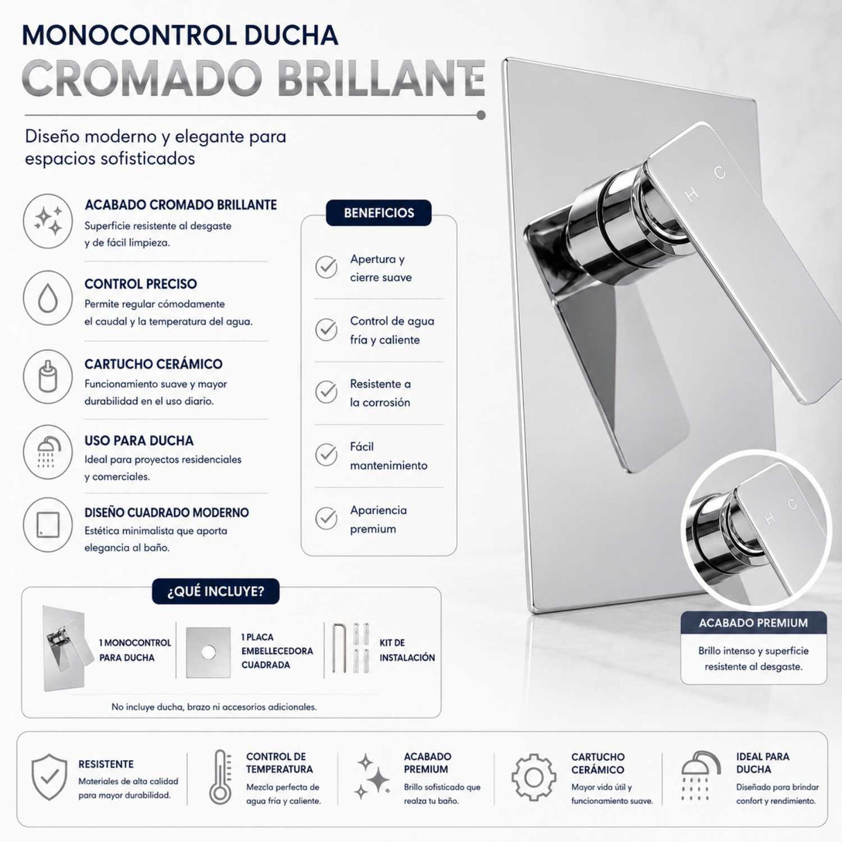 Monocontrol Ducha Plano Cromado Empotrado Mezclador para Ducha con Control de Temperatura 18 x 12 cm