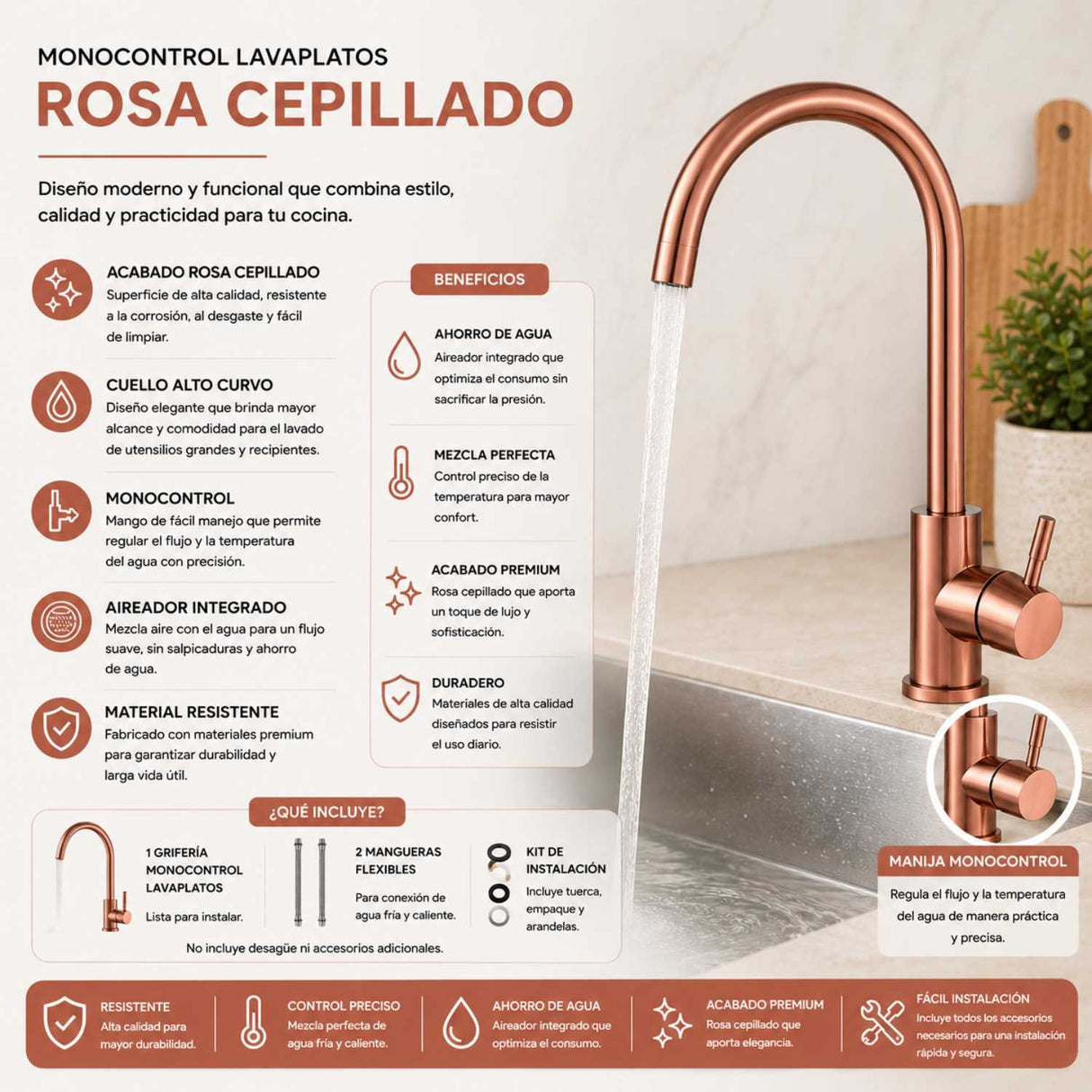 Grifería Lavaplatos Cuello Cisne Oro Rosa Cepillado 32 cm Monocontrol para Cocina