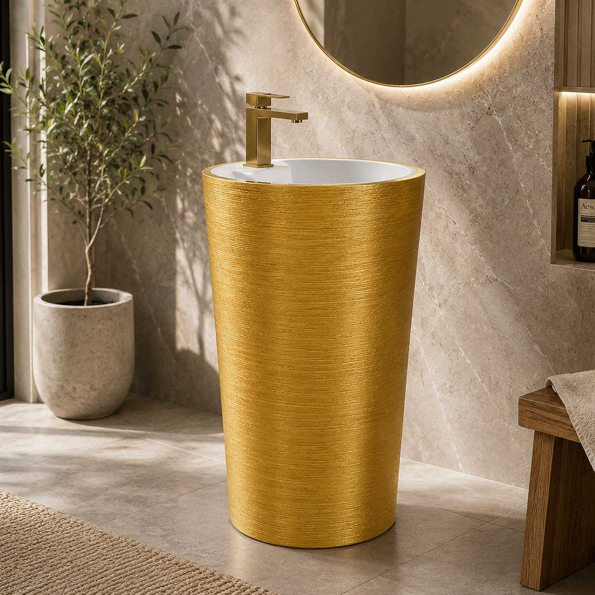 Lavamanos de Pedestal Pilón Color Oro Redondo 83 × 40 cm