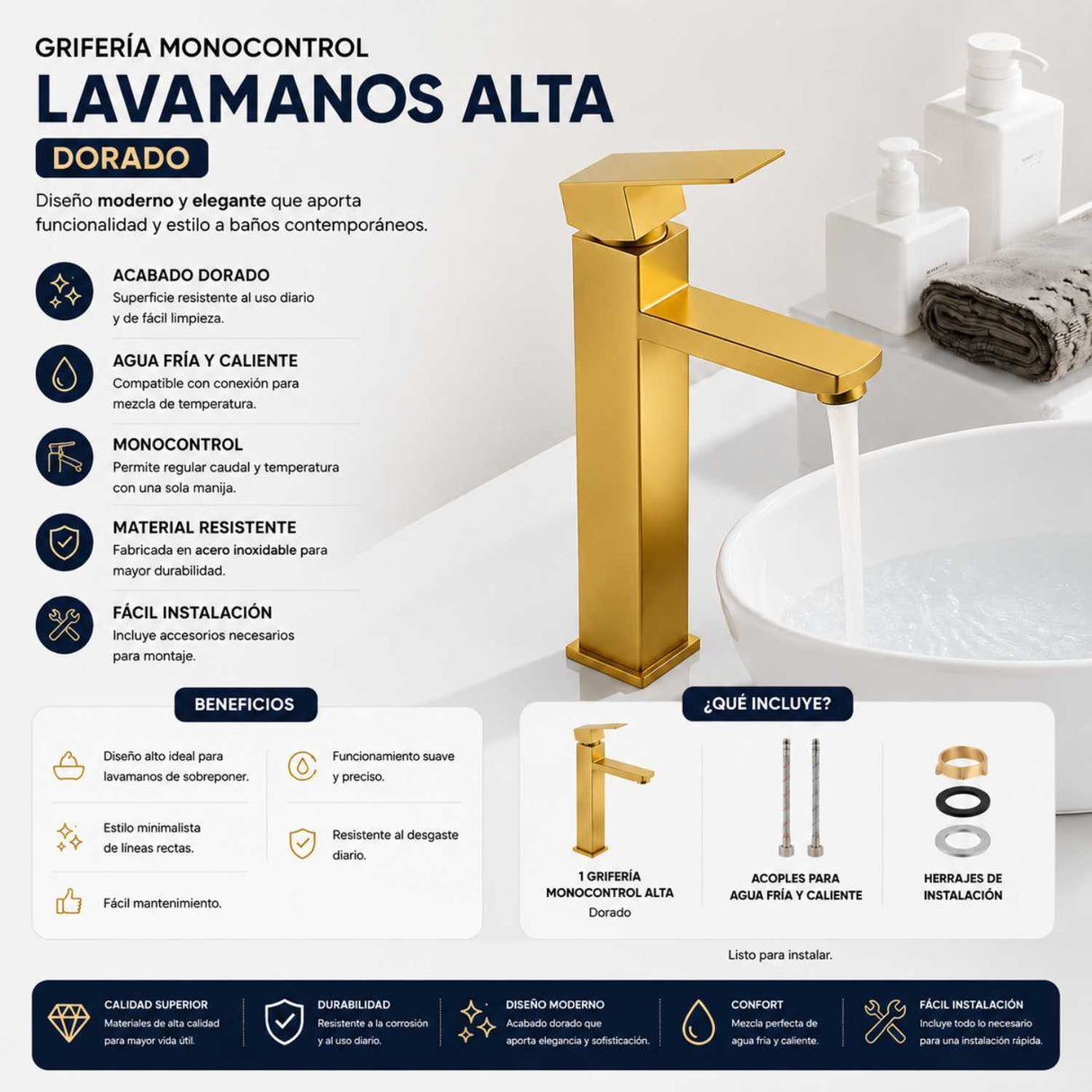 Grifería Lavamanos Alto Cuadrado Oro 31 cm Monocontrol para Lavamanos Vessel