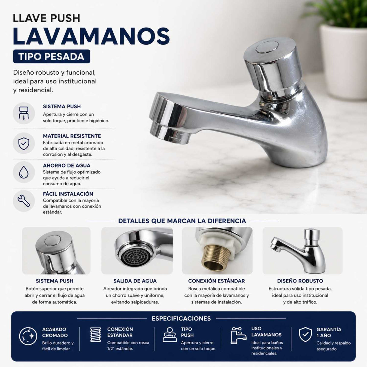 Llave Lavamanos Push Tipo Pesada Cromada 14 cm | Grifería Temporizada con Cierre Automático