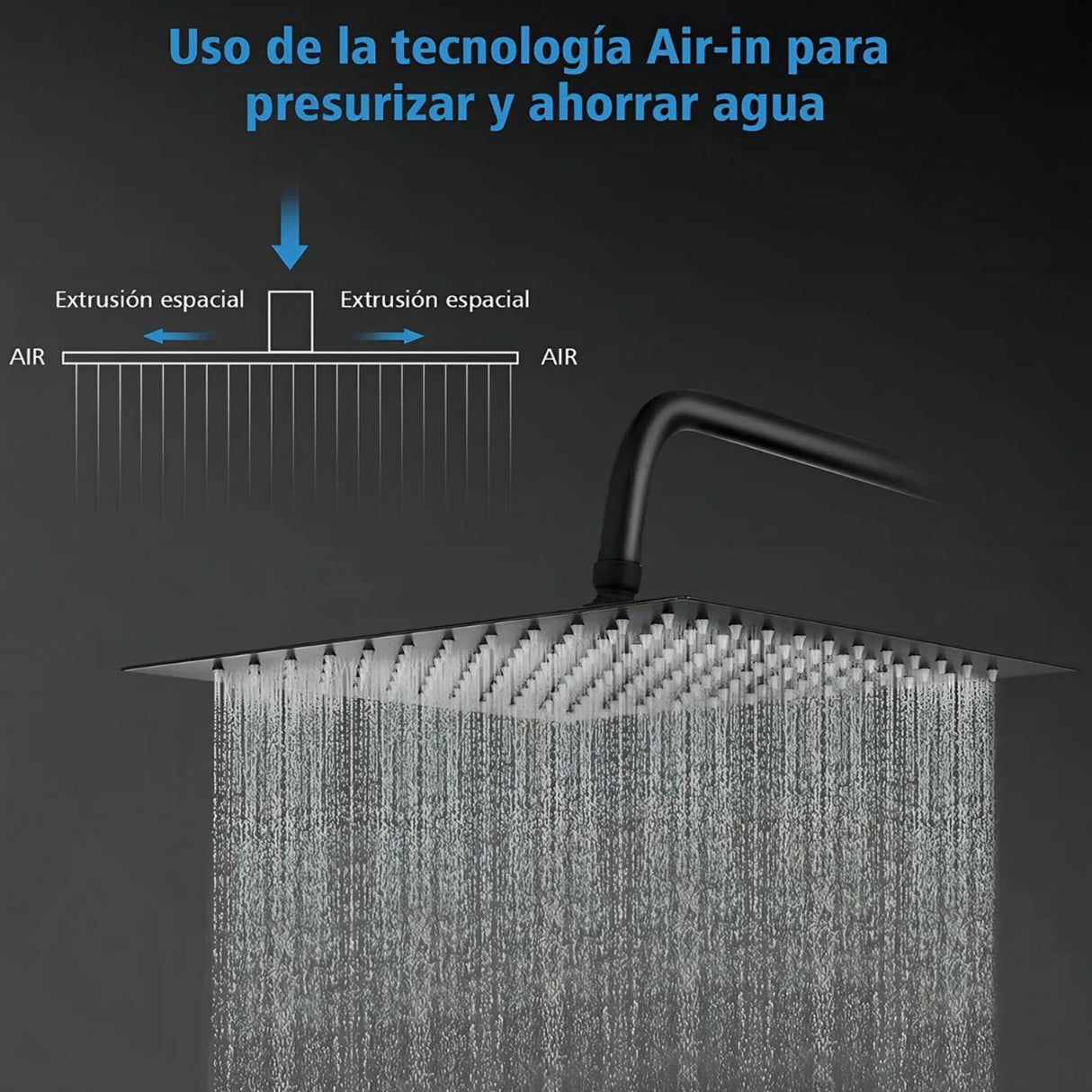 Ducha Regadera Cuadrada Color negro 25cm +Tubo