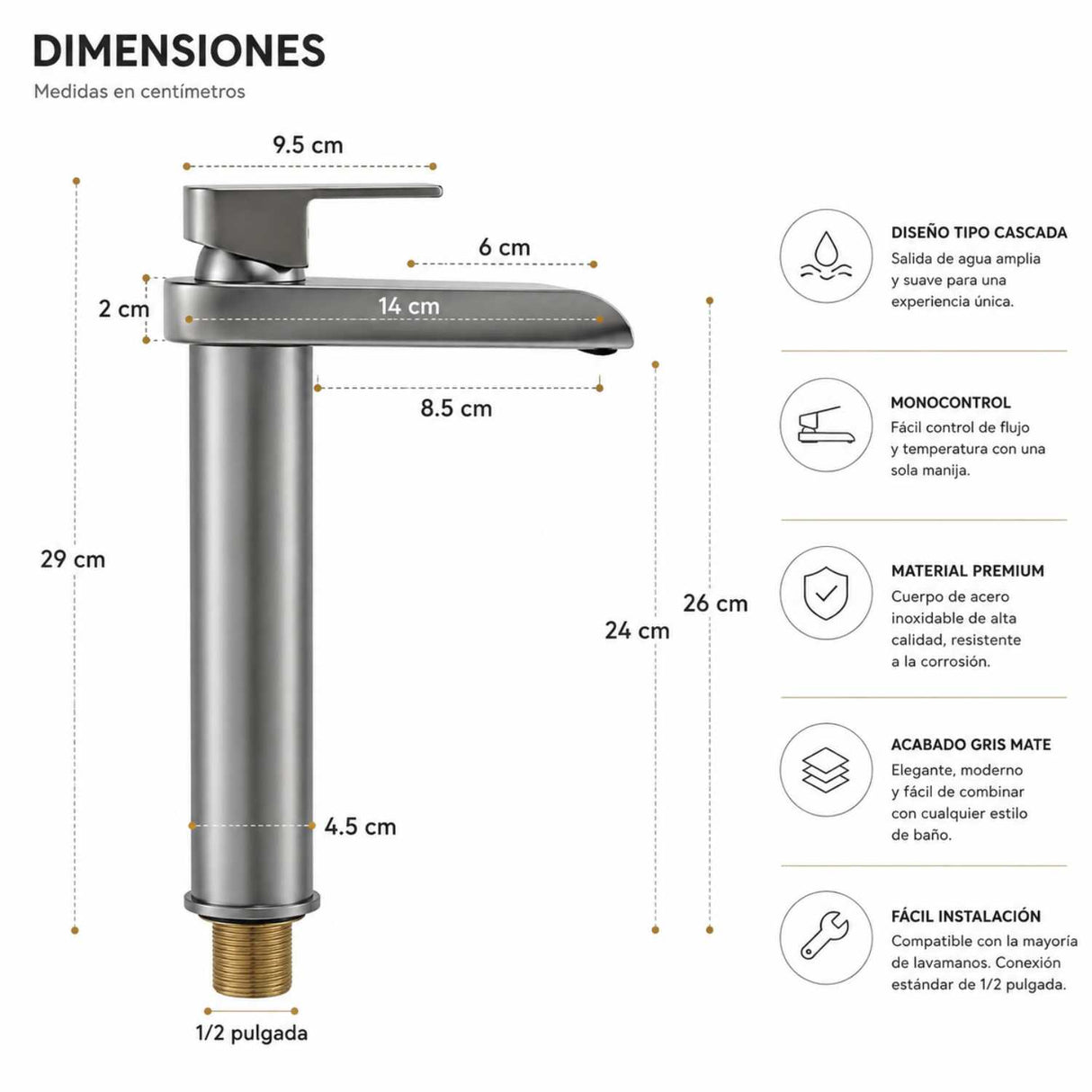 Grifería Monocontrol Lavamanos Alta Cascada Gris Satinado 30 cm Diseño Moderno