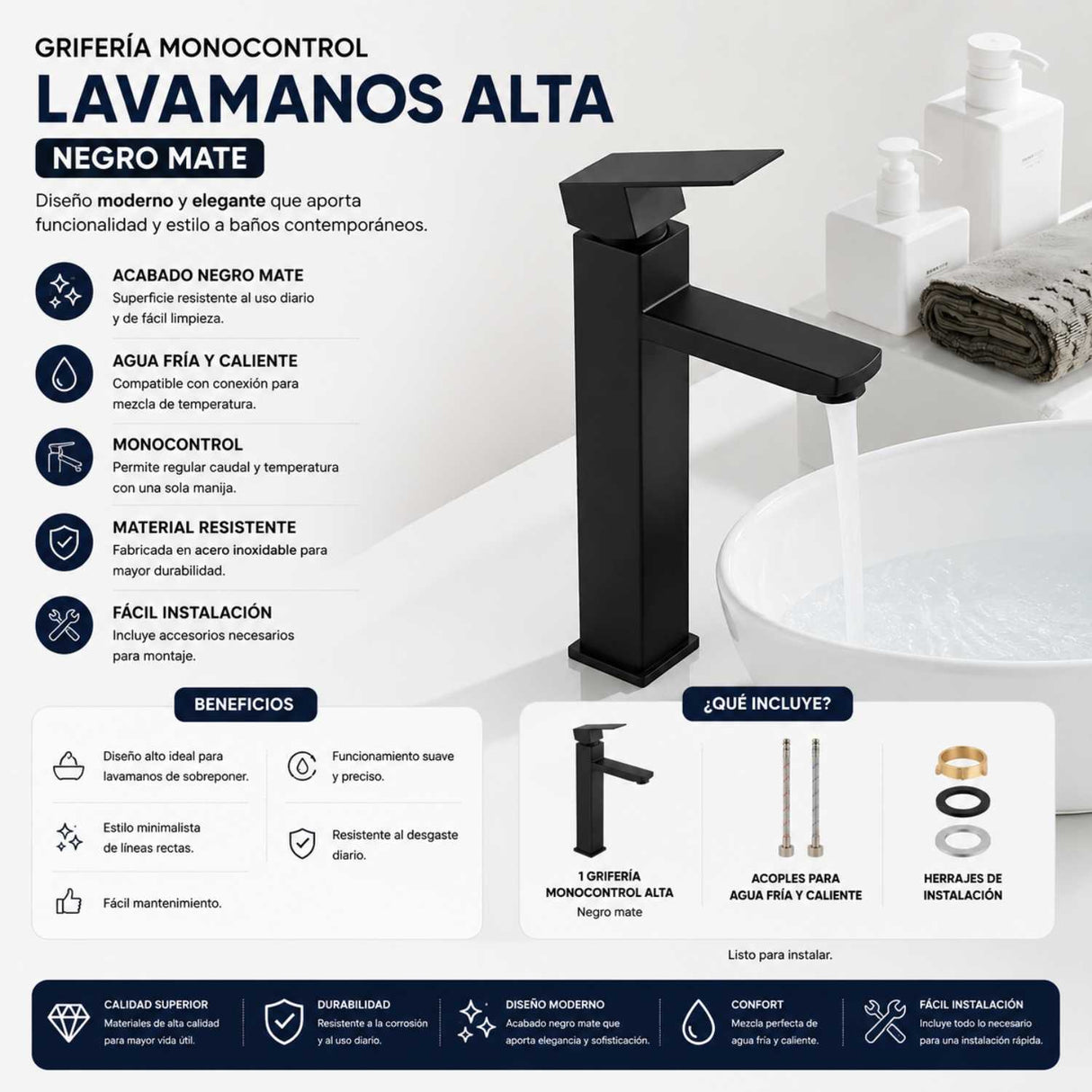 Grifería Lavamanos Alta Negro Mate Cuadrada Monocontrol para Sobreponer 30 cm