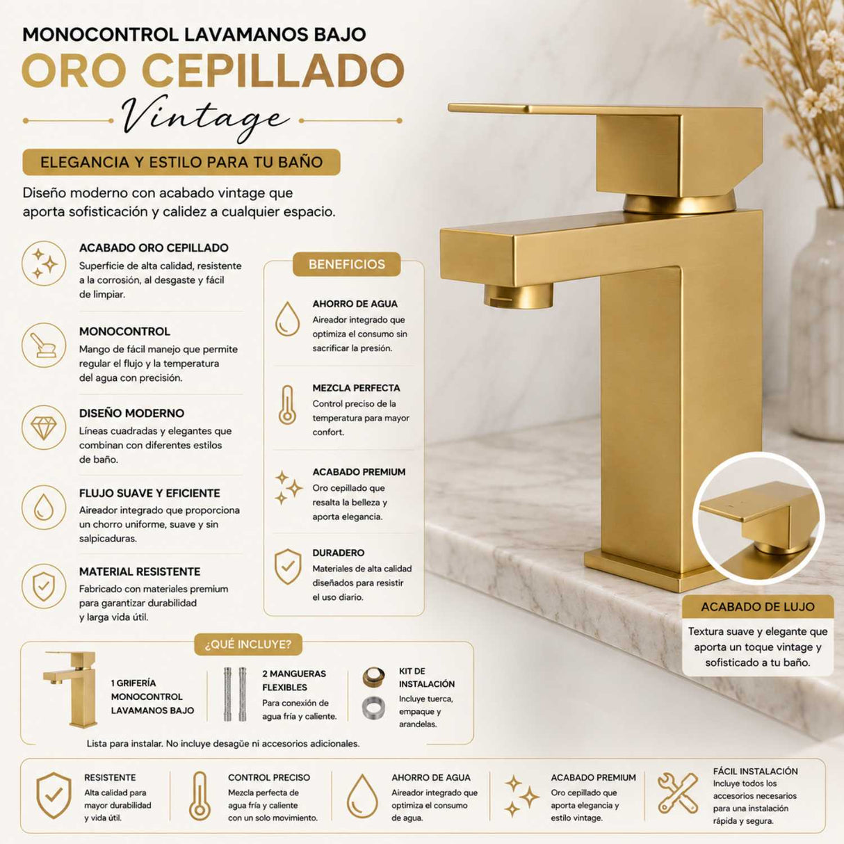 Grifería Lavamanos Baja Monocontrol Cuadrada Oro Cepillado 17 cm Alto x 10 cm Alcance Diseño Moderno Premium