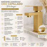 Grifería Lavamanos Baja Monocontrol Cuadrada Oro Cepillado 17 cm Alto x 10 cm Alcance Diseño Moderno Premium